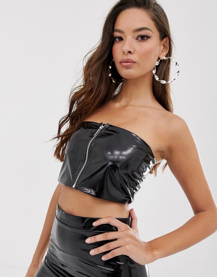 Asos Design Two-piece Bandeau Top In Vinyl With Zip Front-black