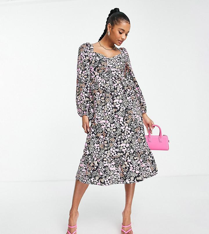 Miss Selfridge Petite Bow Back Poplin Midi Dress In Cluster Floral-black