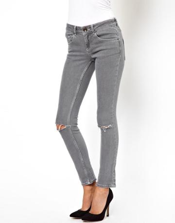 Asos Skinny Jeans In Washed Gray With Ripped Knees
