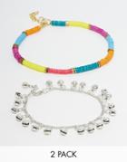 Asos Pack Of 2 Rainbow And Bead Anklets - Multi