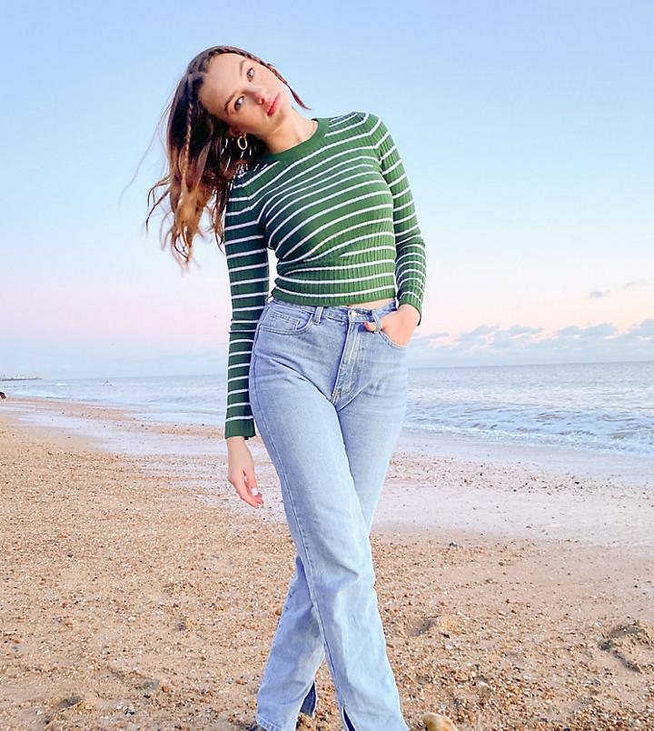 Asos Design Tall Crewneck Sweater In Green And Cream Stripe