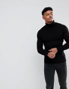 Asos Knitted Muscle Fit Ribbed Roll Neck Sweater In Black - Black