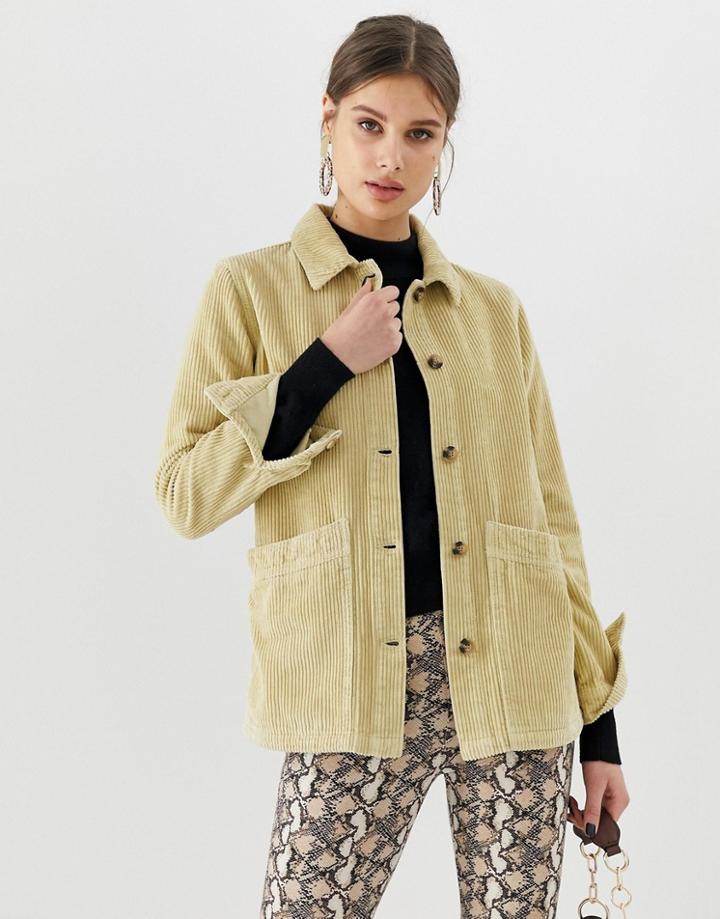 Asos Design Cord Shacket In Washed Yellow - Cream