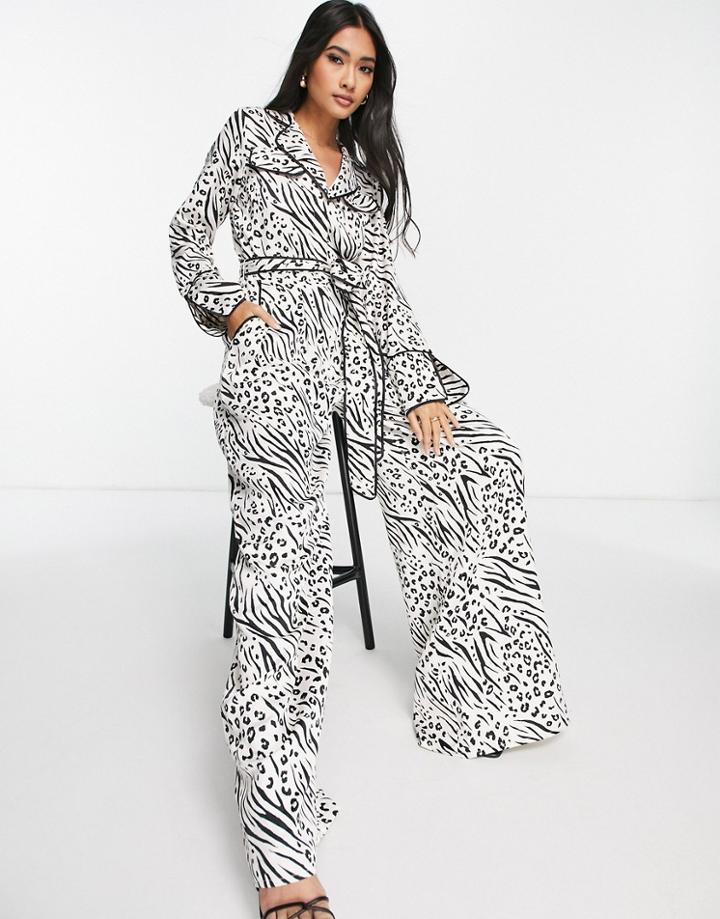 Asos Design Slinky Tie Waist Shirt Jumpsuit In Zebra Print-multi