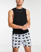 Asos Design Slim Shorts With Floral Plaid Linen Mix-white