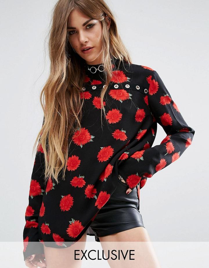 Reclaimed Vintage High Neck Top With Eyelet Detail In Floral - Pink