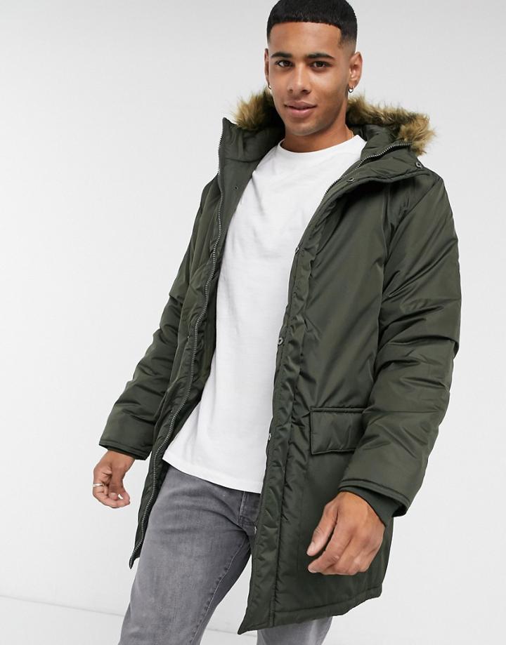 French Connection Faux Fur Hood Parka Jacket In Khaki-green