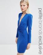 John Zack Petite Knot Front Long Sleeve Plunge Bodycon Mini Dress - Colbalt Blue