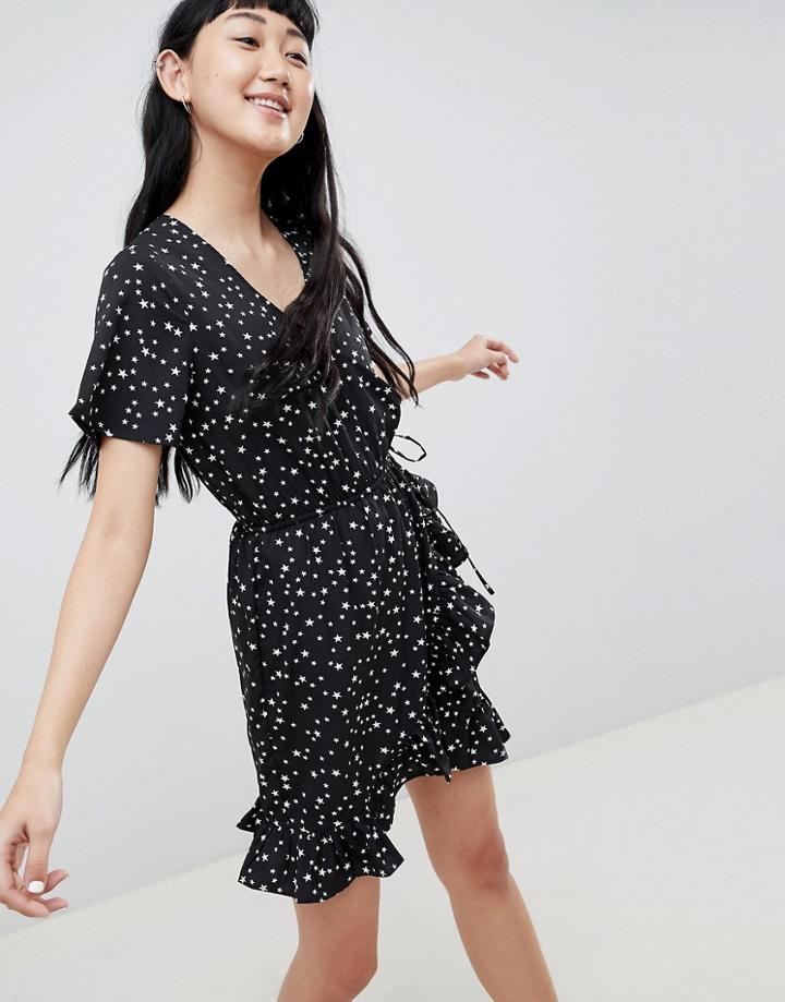 Daisy Street Wrap Dress In Star Print - Black