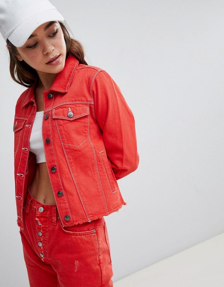 Brave Soul Harris Raw Colored Denim Jacket - Red