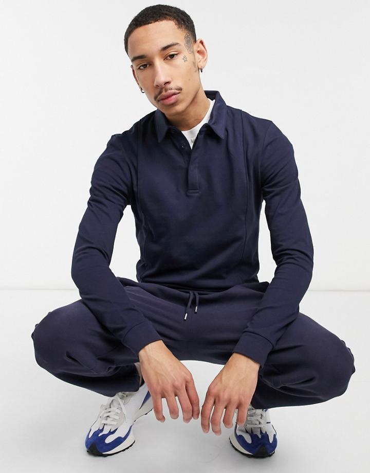 Asos Design Set Muscle Fit Pique Polo With Piping Detail In Navy