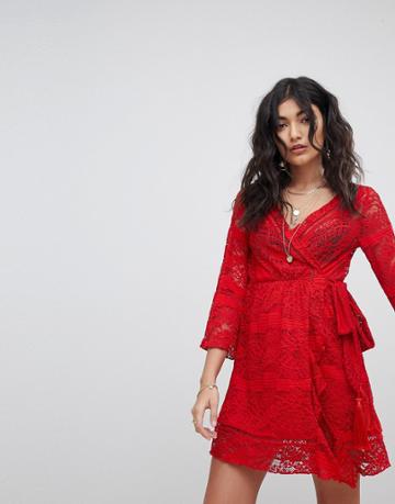 Ebonie N Ivory Lace Wrap Dress - Red
