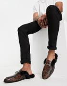 Asos Design Mule Loafers In Brown Faux Snake Leather With Black Faux Fur And Silver Hardware