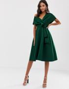 Asos Design Fallen Shoulder Midi Prom Dress With Tie Detail In Bottle Green