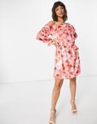 Vila Off Shoulder Mini Dress In Abstract Red Floral-multi