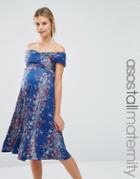 Asos Maternity Tall Twist Off Shoulder Skater Midi Dress In Vintage Floral - Multi