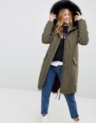 New Look Multi Colored Faux Fur Lined Parka - Green