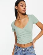 Asos Design Ribbed Wrap Top With Cap Sleeves In Sage-green