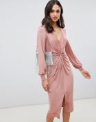 Miss Selfridge Knot Front Midi Dress In Blush - Pink