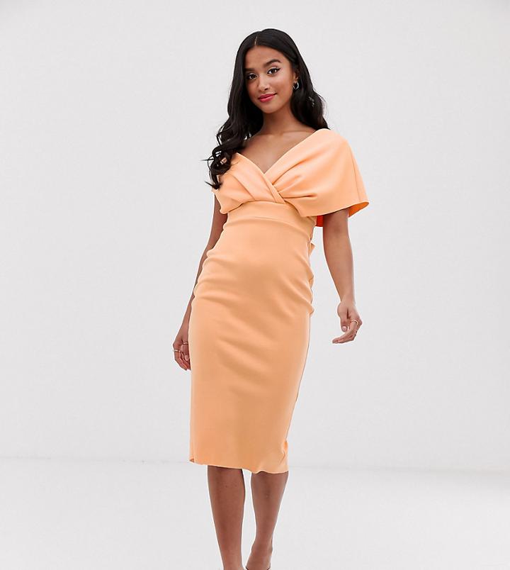 Asos Design Petite Fallen Shoulder Midi Pencil Dress With Tie Detail-orange