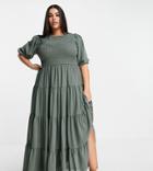 Asos Design Curve Shirred Tiered Maxi Dress In Khaki-green