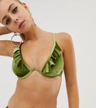 Prettylittlething Underwire Bikini Top With Frill Detail In Olive Velvet - Green