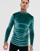 Asos Design Longline Long Sleeve T-shirt In Velour With Curved Hem In Green-blue