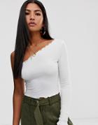 Asos Design One Shoulder Long Sleeve Crop T-shirt With Lettuce Hem In White
