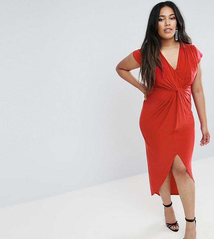 Club L Plus Cap Sleeve Knot Detail Midi Dress - Red