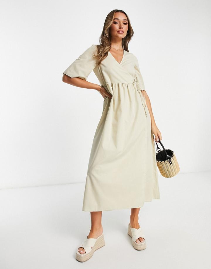 Asos Design Wrap Smock Midi Dress In Stone-neutral