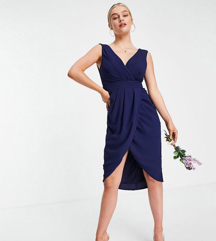 Tfnc Petite Bridesmaid Wrap Midi Dress In Navy