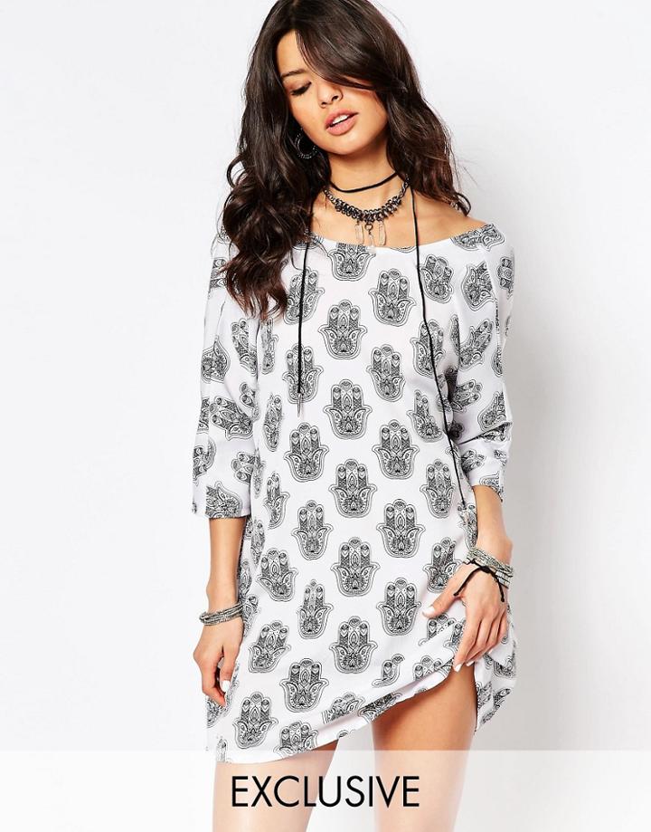 Noisy May X Bloody Noisy Tunic Dress With All Over Hamsa Print - Black