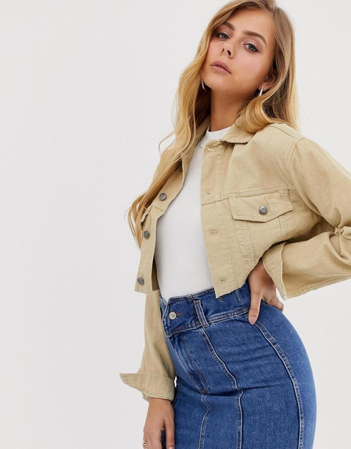 Boohoo Cord Crop Denim Jacket In Stone - Stone