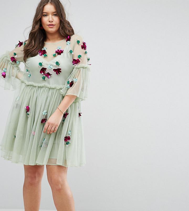 Asos Curve Embellished Fluted Sleeve Tulle Smock Dress With Embellishment - Green