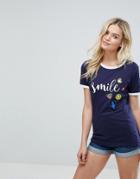 Brave Soul Maddie T Shirt With Smile Print And Badges - Navy