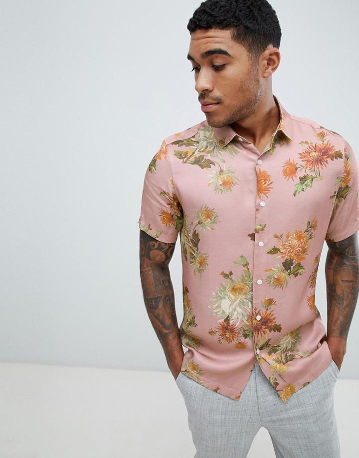 Asos Design Regular Fit Floral Shirt In Pink