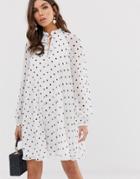 Asos Design Pleated Trapeze Mini Dress With Tie Neck In Mono Polka Dot-multi