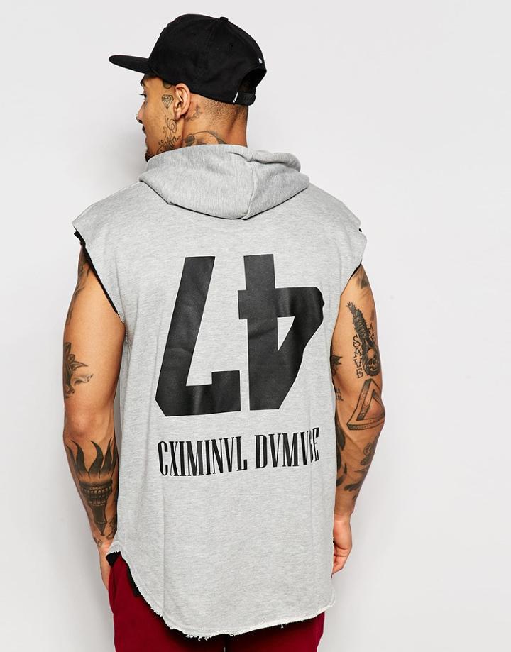 Criminal Damage Sleeveless Hoodie With Back Print - Gray