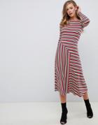 Asos Design Stripe Rib Midi Dress With Cut About Hem - Multi