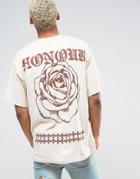 Hnr Ldn Rose Back Print T-shirt In Oversized Fit - Beige