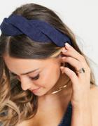Asos Design Scallop Detail Plait Headband In Ribbed Velvet-blues