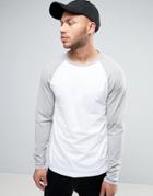 Asos Muscle Long Sleeve T-shirt With Contrast Raglan Sleeves In White/gray - White