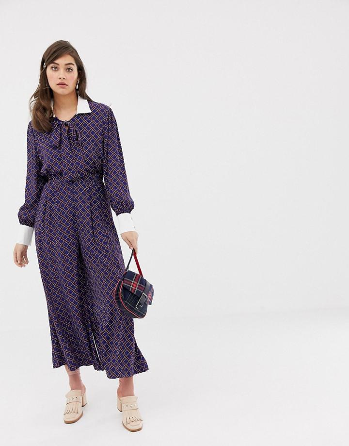 Sister Jane Waisted Jumpsuit In Grid Print - Navy