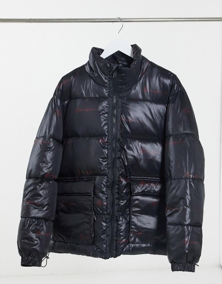 Mennace Signature All Over Logo Puffer Jacket In Black