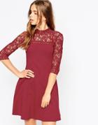 Asos Skater Dress With High Neck And Mixed Lace Inserts - Berry