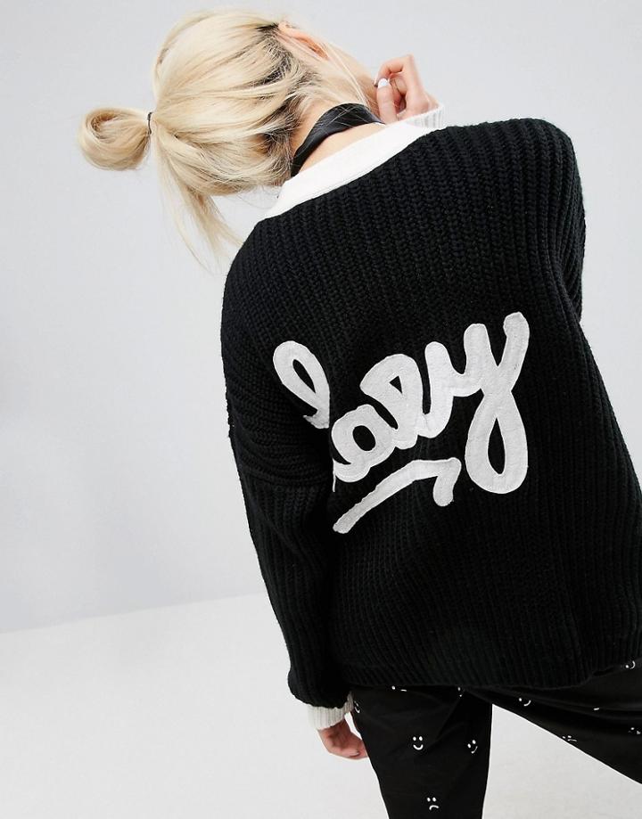Lazy Oaf Mono Oversized College Cardigan With Back Slogan - Black