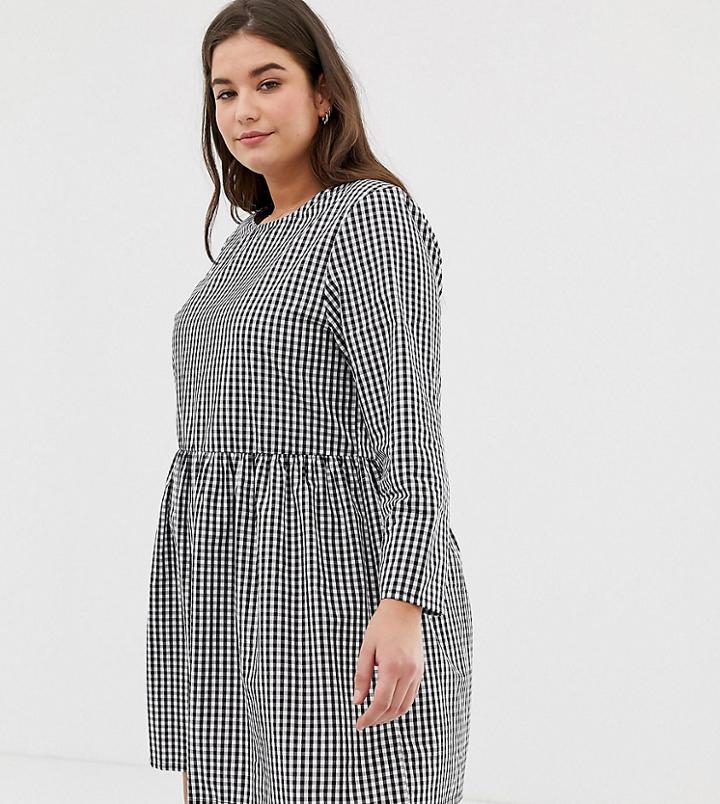 Daisy Street Plus Long Sleeve Smock Dress In Gingham-black