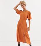 New Look Split Detail Puff Sleeve Dress In Rust Polka Dot