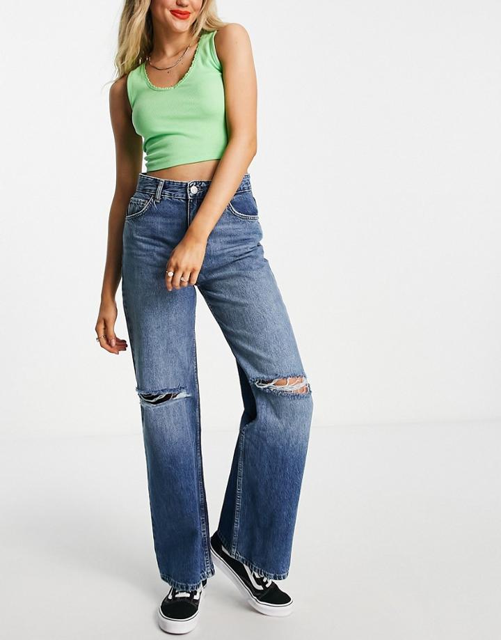 Pull & Bear High Waisted Wide Leg Frayed Hem Jean With Rips In Blue