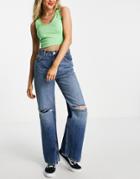 Pull & Bear High Waisted Wide Leg Frayed Hem Jean With Rips In Blue